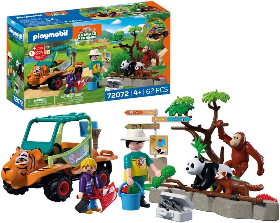 PLAYMOBIL Animals & Friends Zoo Animal Grooming Mobile Vehicle with Tiger Head Design and 3 Animals Children\'s Toy from 4 Years 72072