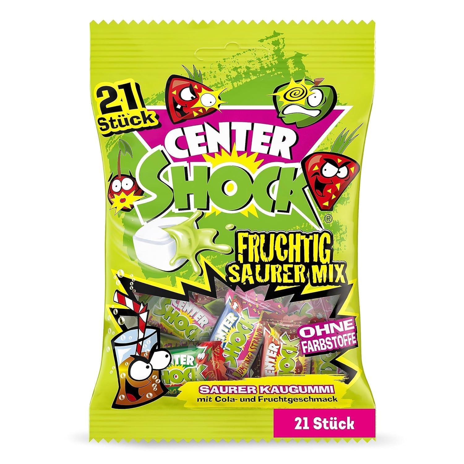 Center Shock Store Center Shock Fruity Sour Mix - Chewing gum with cola and fruit flavor, 1 pack of 21 extra-sour chewing gums, with filling