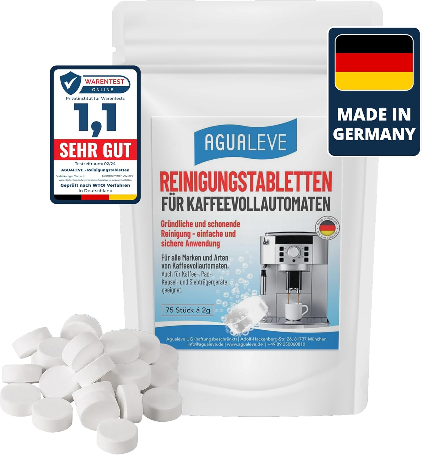AGUALEVE Cleaning Tablets Pack of 75 | For All Brands and Types of Fully Automatic Coffee Machines and Coffee Machines, e.g. De\'Longhi, Philips, Siemens, Saeco, Melitta, Krups, Miele | Brand quality made in