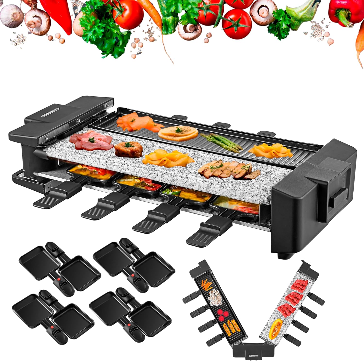 Steinborg Raclette Grill 2 in 1 8 People Raclette Grill Party Grill Electric Grill Table Grill Natural Stone Coated Heating Element Stainless Steel 180° Rotatable
