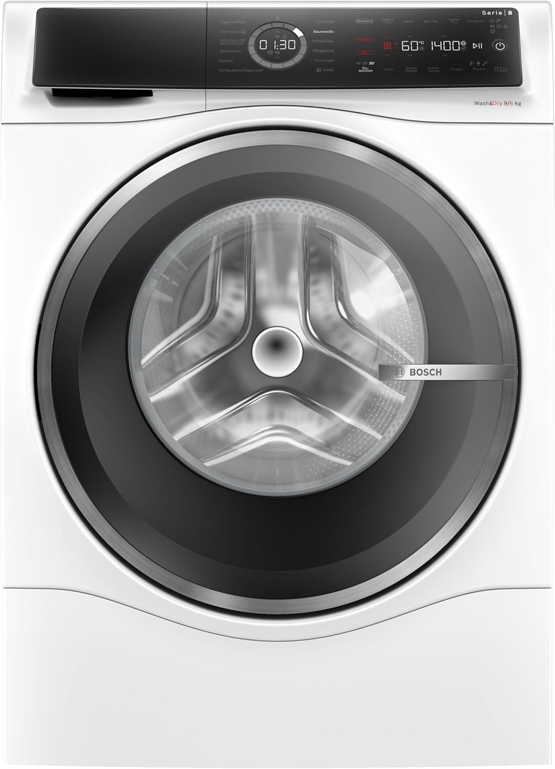 Bosch WNC244070 Series 8 Washer Dryer 9 kg Wash and 6 kg Dry 1400 rpm, Automatic Stain Control, Iron Assist, SpeedPerfect, HygieneCare, Home Connect, AquaStop, White