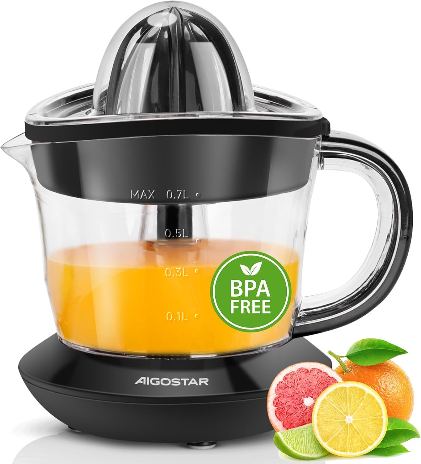 Aigostar Electric Juicer, 2 Cones, Orange Squeezer, 40 Watt, Citrus Juicer 0.7 Liters, 2 Directions of Rotation, High Juice Yield, Drip-Proof Spout, BPA-Free