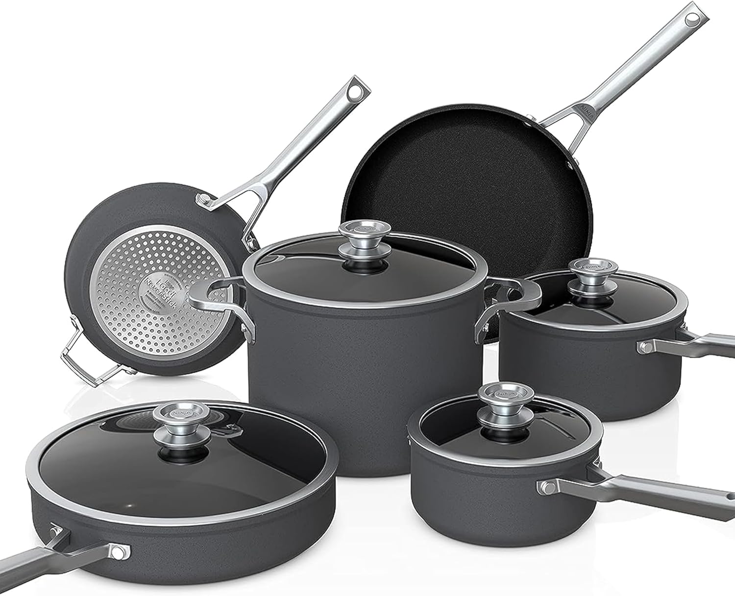 Ninja NeverStick C59500 Premium Saucepans and Frying Pans Set with Glass Lids Nesting Hard Anodized Kitchen Cookware Set Non-Stick Durable and Oven Safe to 500 F