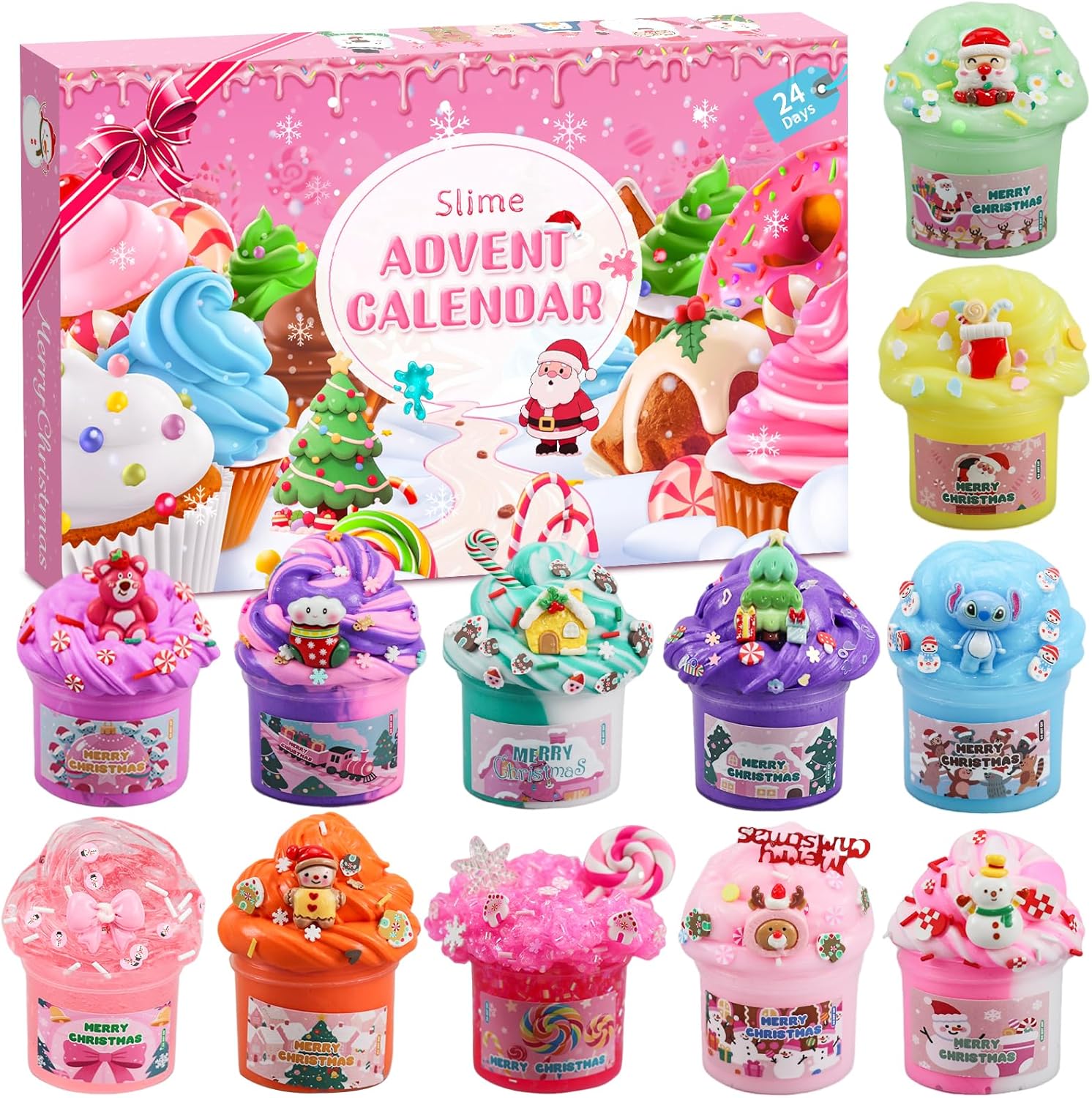 Slime Advent Calendar 2025 for Children, 24-Day Countdown Slime Christmas Calendar Children, 12 Pieces Christmas Surprises Gift Slime Kit for 3 4 5 6 7 8 9 10 11 Years Boys Girls (Pink)