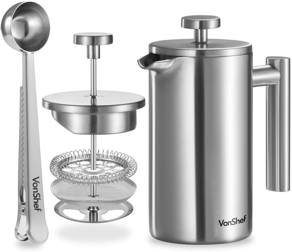 VonShef Stainless Steel French Press for 3 Cups, 350 ml - Double-Walled Coffee Maker with Measuring Spoon/Bag Closure, Dishwasher Safe French Press Thermo with Slider