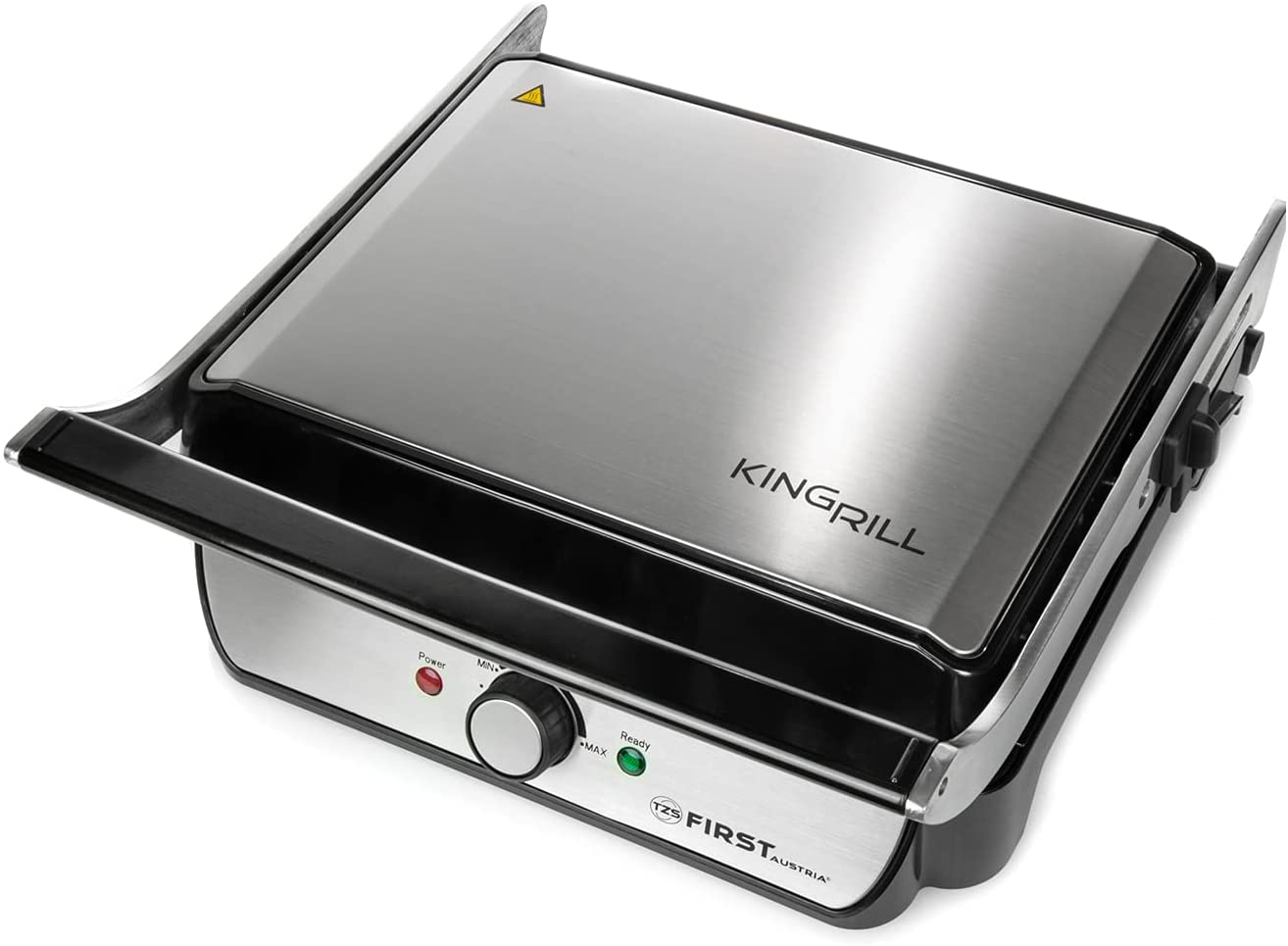 TZS First Austria Table grill, electric grill for table use, grill plate for meat and vegetables, 180° opening, contact grill with non-stick coating, in black/stainless steel, 900 W
