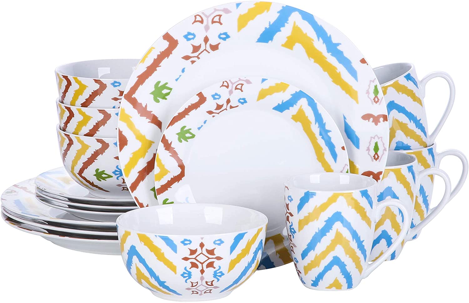 Veweet 32-piece Porcelain Dinner Set, 16-piece Crockery Set includes 10.75 inch (27 cm) Dinner Plate, 7.5 inch (19 cm) Dessert Plate, 5.5 inch (14 cm) Bowl and 380 ml Coffee Mug, Complete Service for 4/8 People