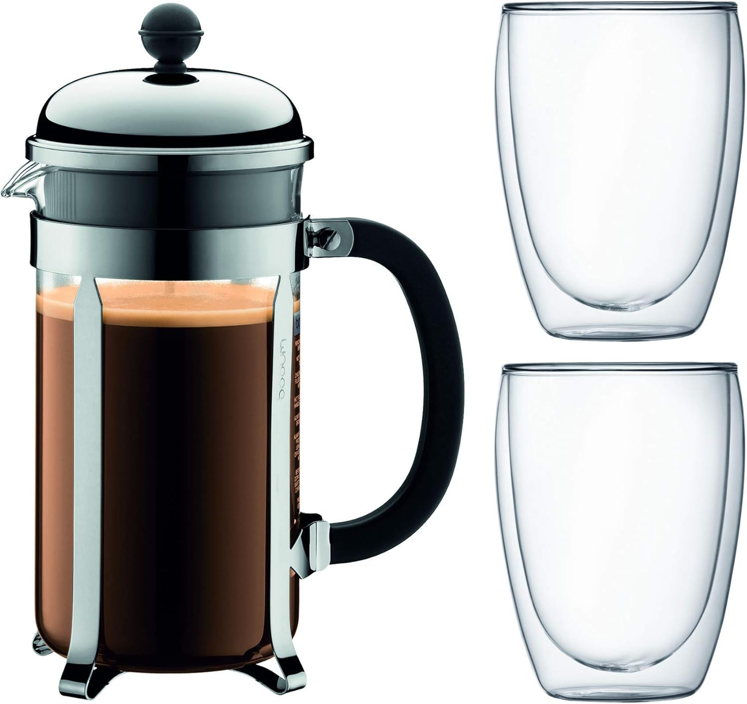 Bodum CHAMBORD Set of Coffee Makers, 8 Cups, 1.0 L and 2 Double-Walled Glasses, 0.35 L, Polycarbonate, Stainless Steel