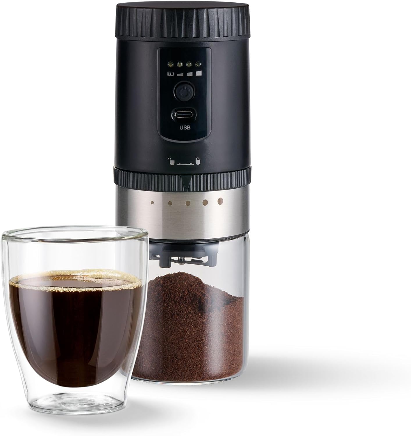 Tchibo Battery Operated Coffee Grinder, Glass Collection Container, Stainless Steel Grind Ring, 5 Grinding Settings, Black/Silver