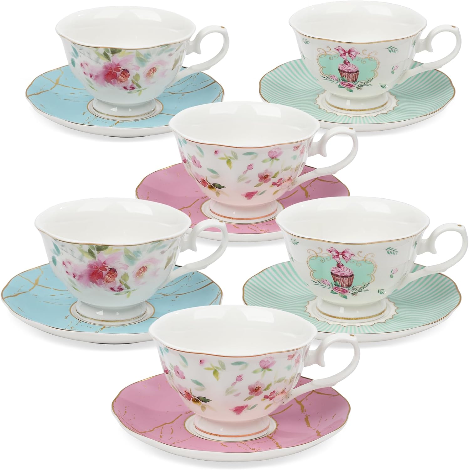 fanquare Set of 6 Rose Tea Cup and Saucer, British Tea Cups Set for Gift, Colorful Flowers Porcelain Tea Set