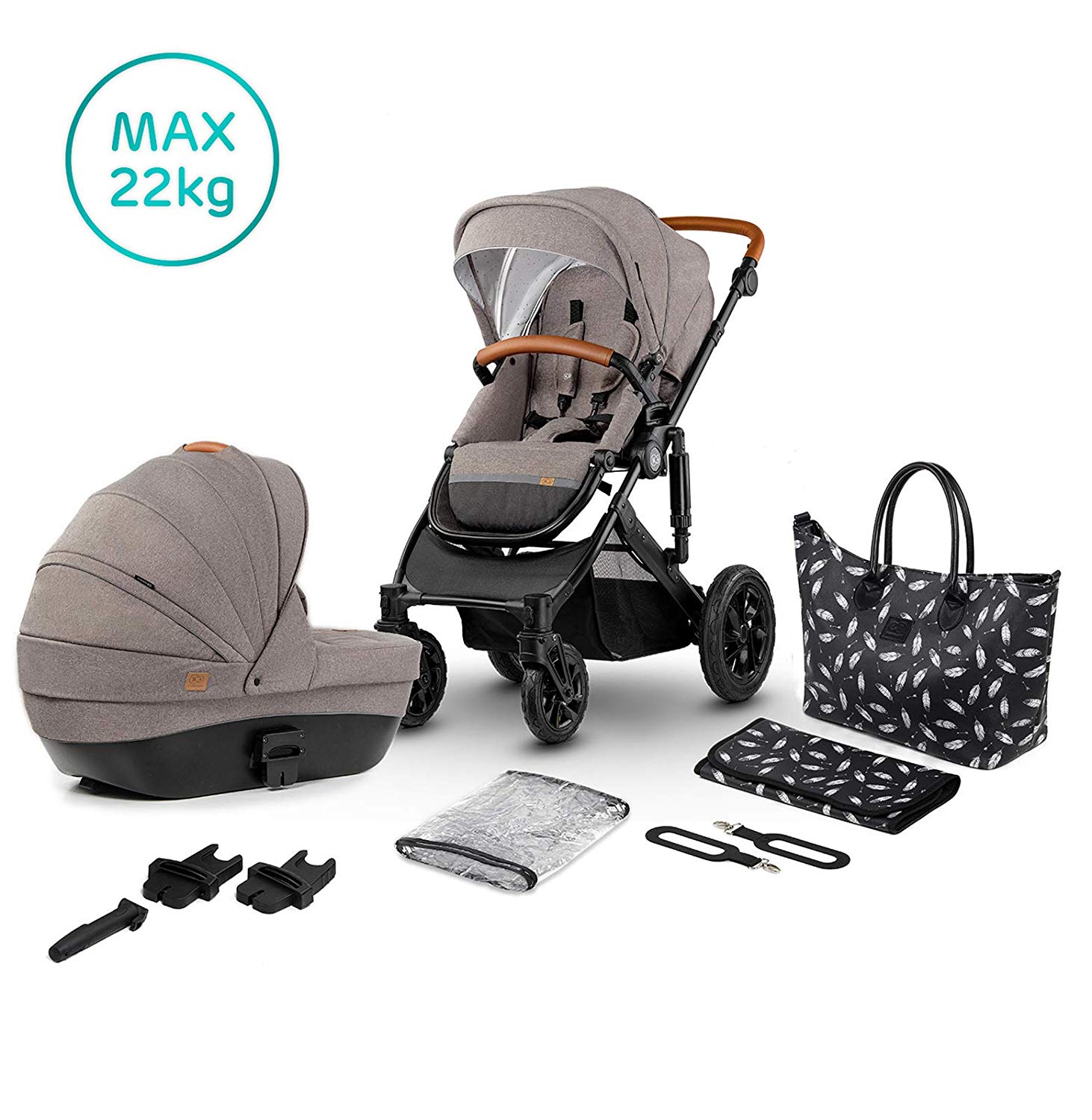 kk Kinderkraft Kinderkraft Pram 2-in-1 Prime 2020 Pram Set Combination Pushchair Sports Pram Buggy and Carry Cot Large Wheels Pneumatic Tyres Comfortable Buggy Seat with Reclining Position Accessories, Beige