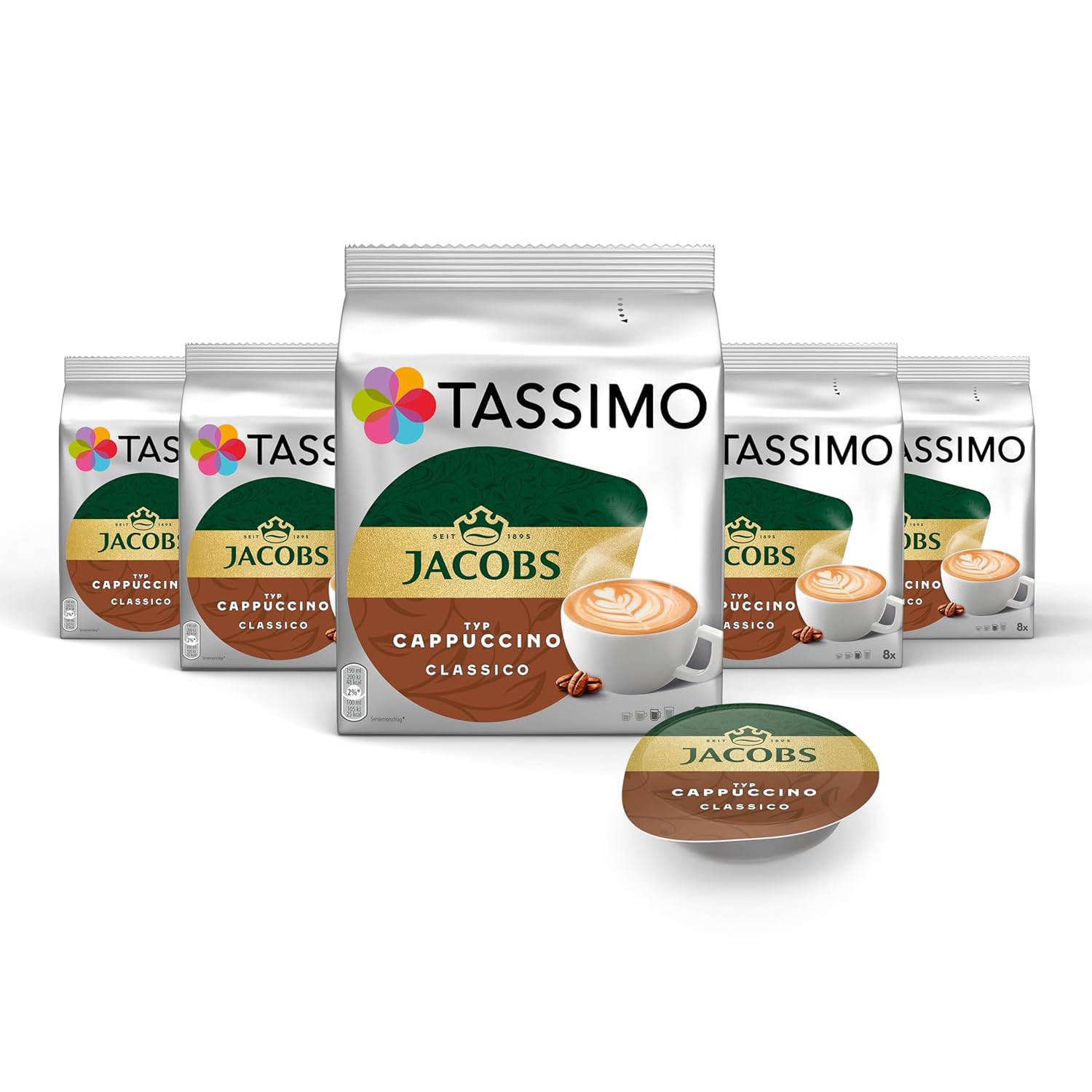 Tassimo Jacobs Cappuccino, Rainforest Alliance Certified, Pack of 5, 5 x 16 T-Discs (8 Servings)