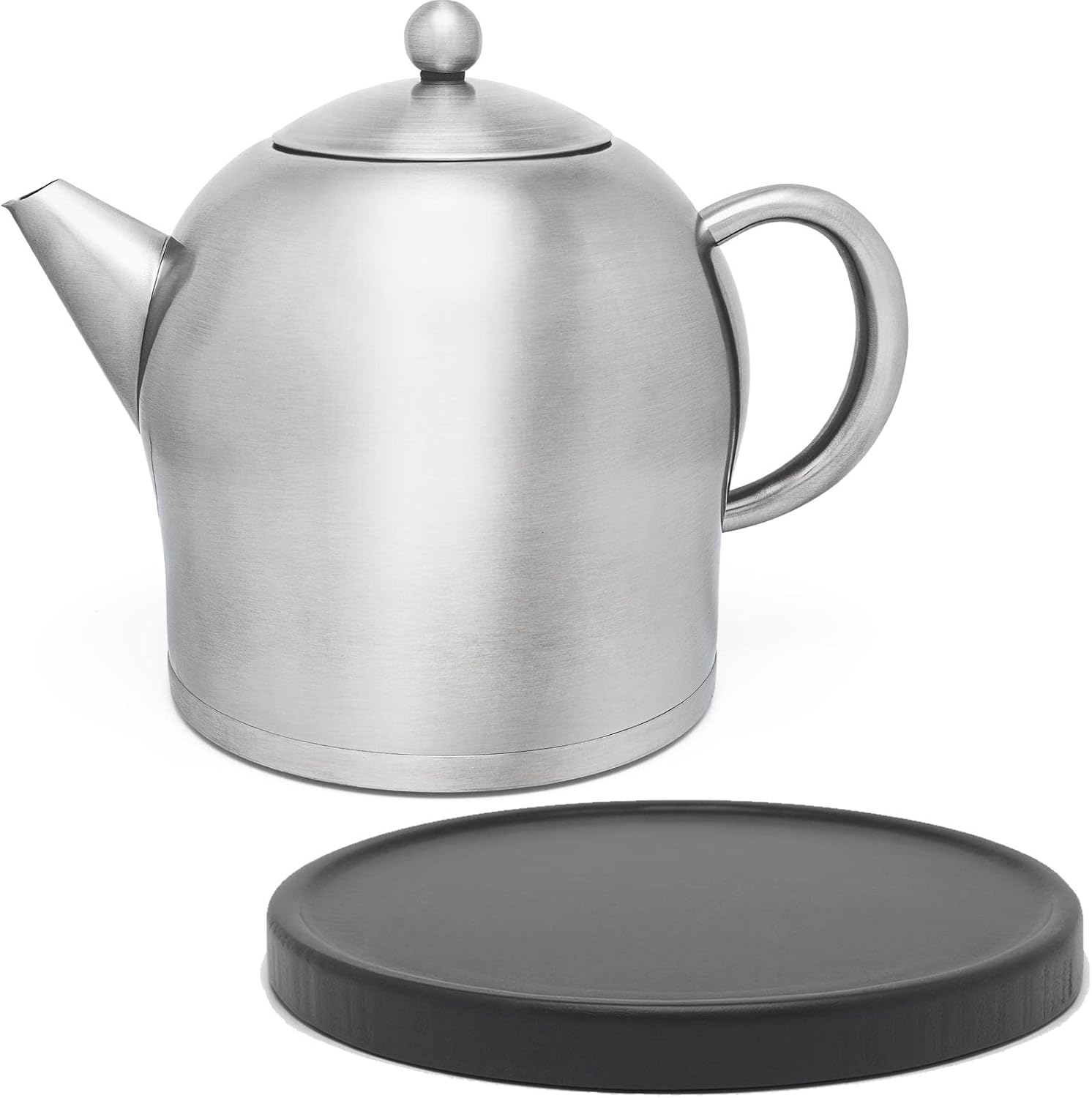 Large Matte Double-Walled Stainless Steel Teapot 2.0 Litres and Black Wooden Saucer