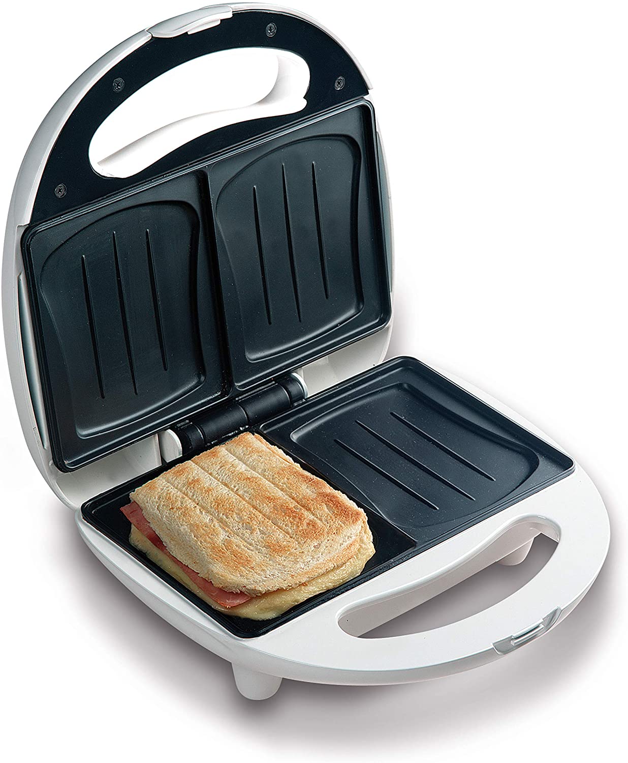 Domo DO9041C sandwich toaster bakes 2 sandwiches at the same time in shell baking mould, baking basket for optimal and even baking results, no sticking thanks to non-stick coating, 700 watts.
