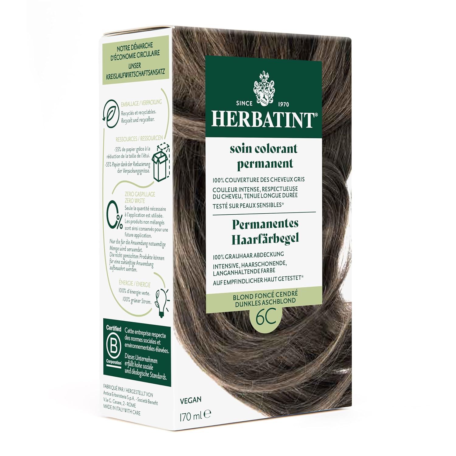 Herbatint Permanent Hair Dye Gel 6C Dark Ash Blonde - 170 ml I No Ammonia, Optimal Gray Hair Coverage I Tested for Sensitive Skin with 8 Plant Extracts