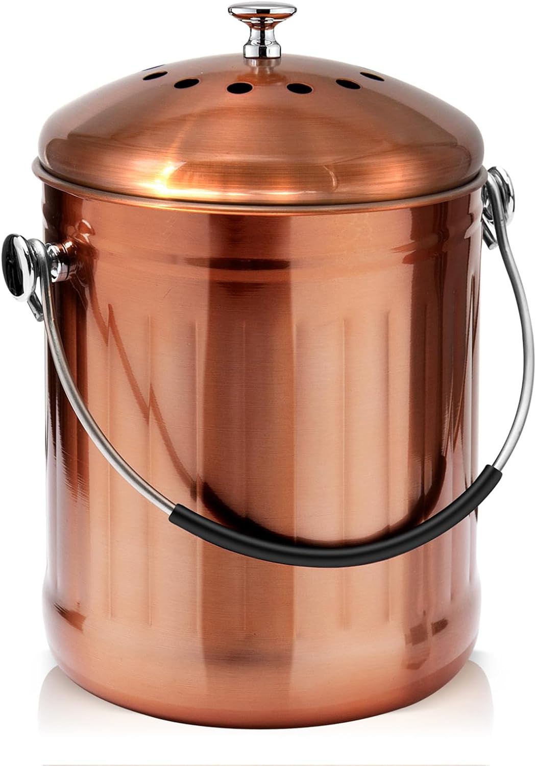 ENLOY Kitchen Countertop Compost Bin 1.3 Gallon Frosted Copper Stainless Steel Compost Bin with Lid and 2 Carbon Filters, Food Waste Bucket with Soft Grip Handle
