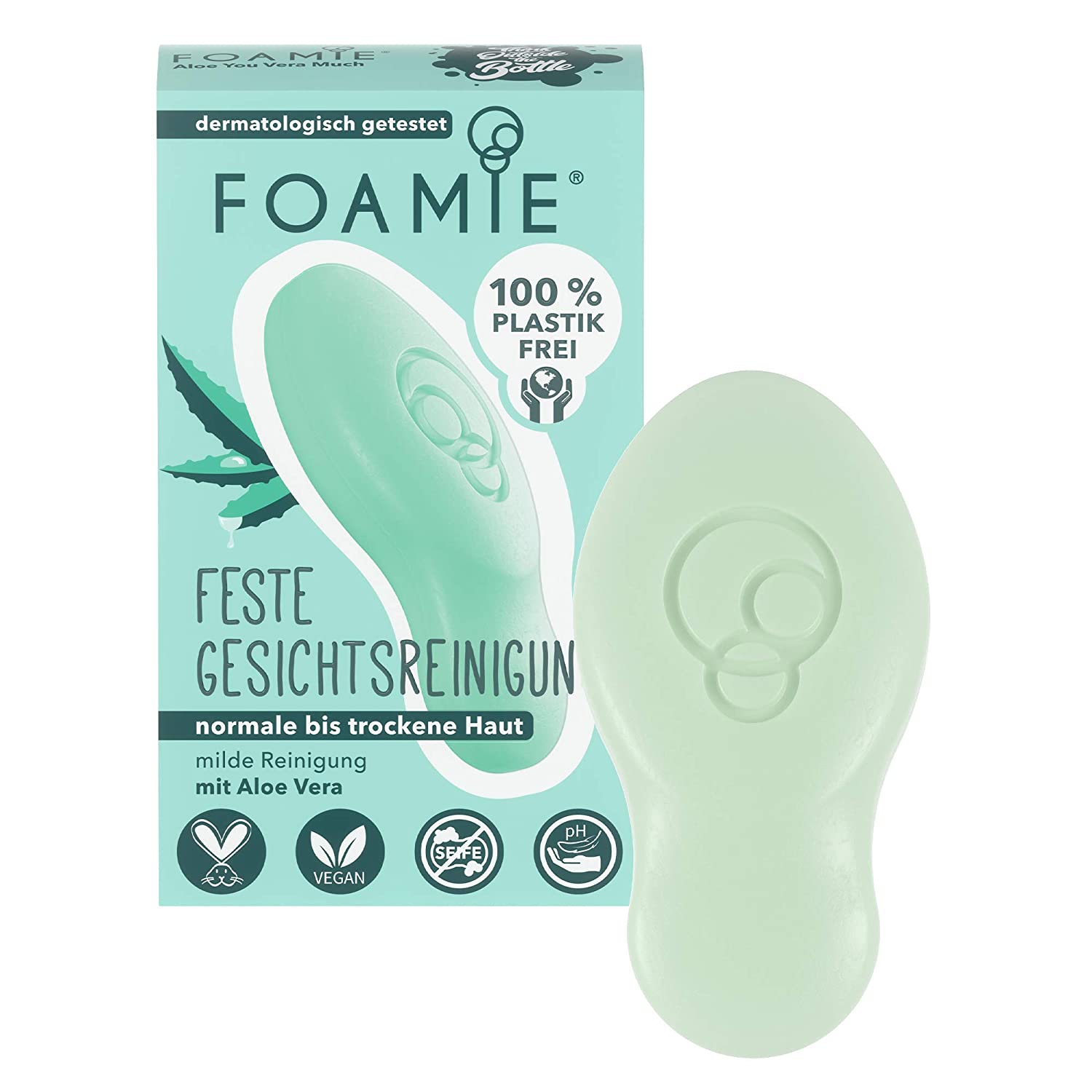 Foamie Solid facial cleanser for dry skin with aloe vera and almond milk, peeling effect, 100% vegan, plastic-free and without animal testing, 60g, ‎green