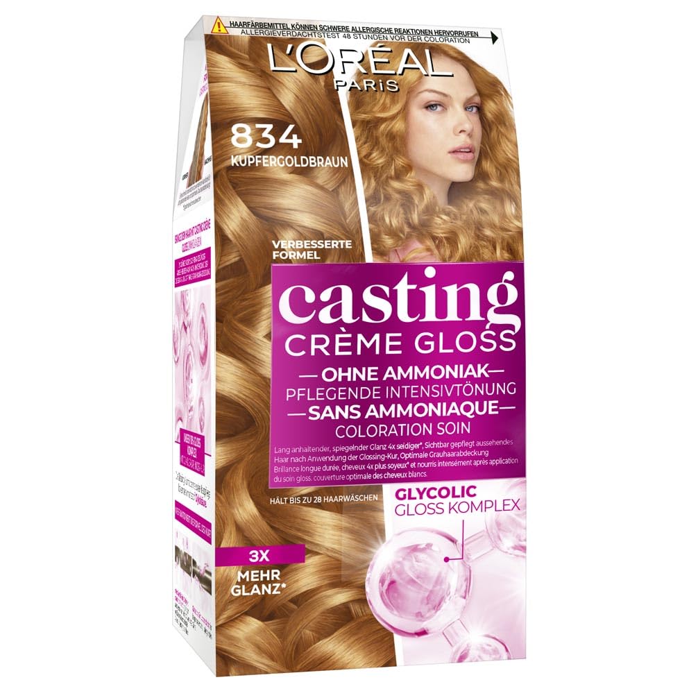 L\'Oréal Paris Casting Crème Gloss Hair Dye, No 834 Copper Gold Blonde, Ammonia and Silicone-Free, Nourishing Intensive Color with Crème Gloss, Pack of 1
