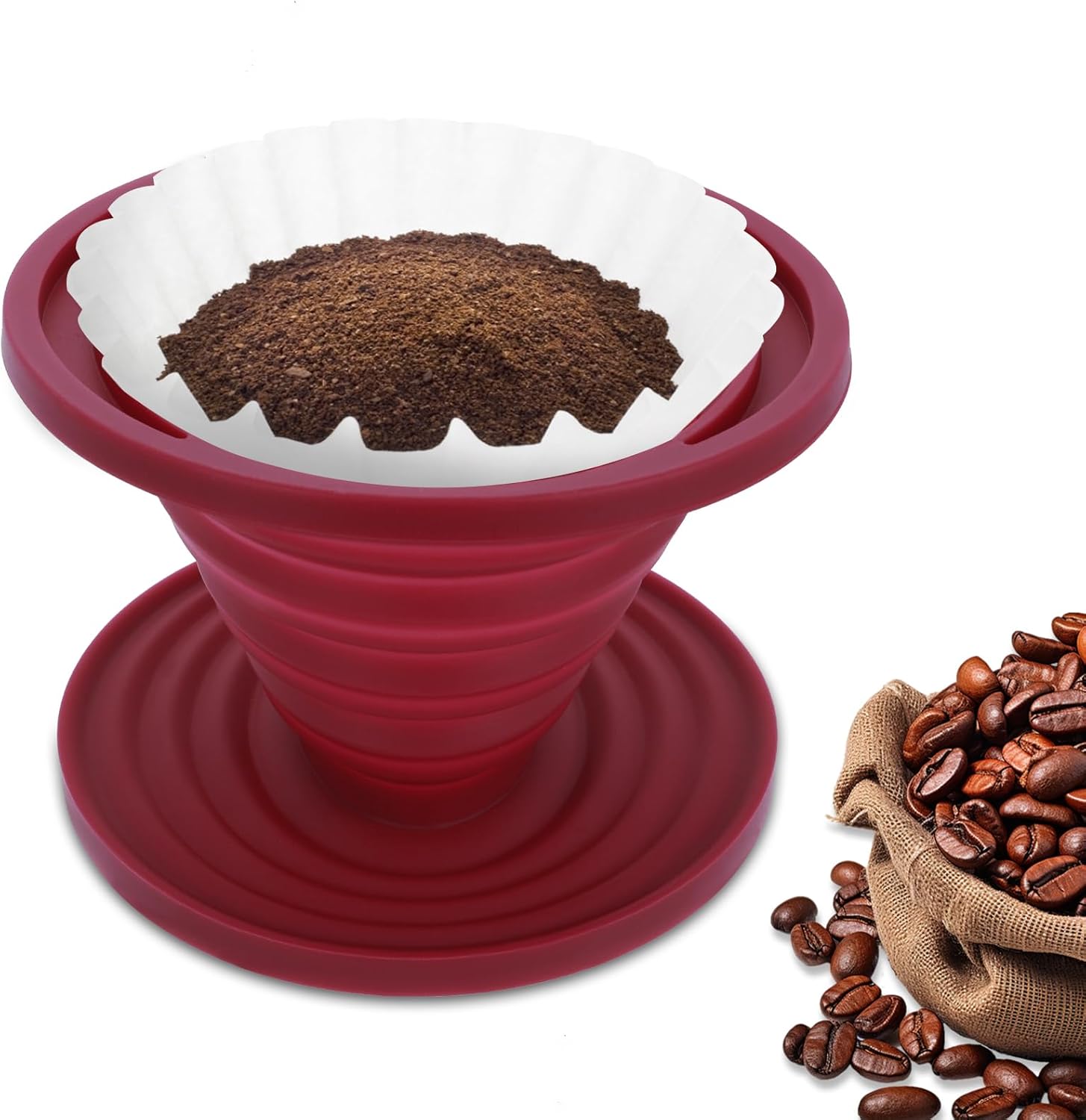 Larrel Foldable Coffee Dripper Reusable Coffee Filter Holder Silicone Coffee Dripper Portable Red Cone Filter Holder Coffee Dripper Outdoor Coffee Filter for Camping, Cafe, Travel