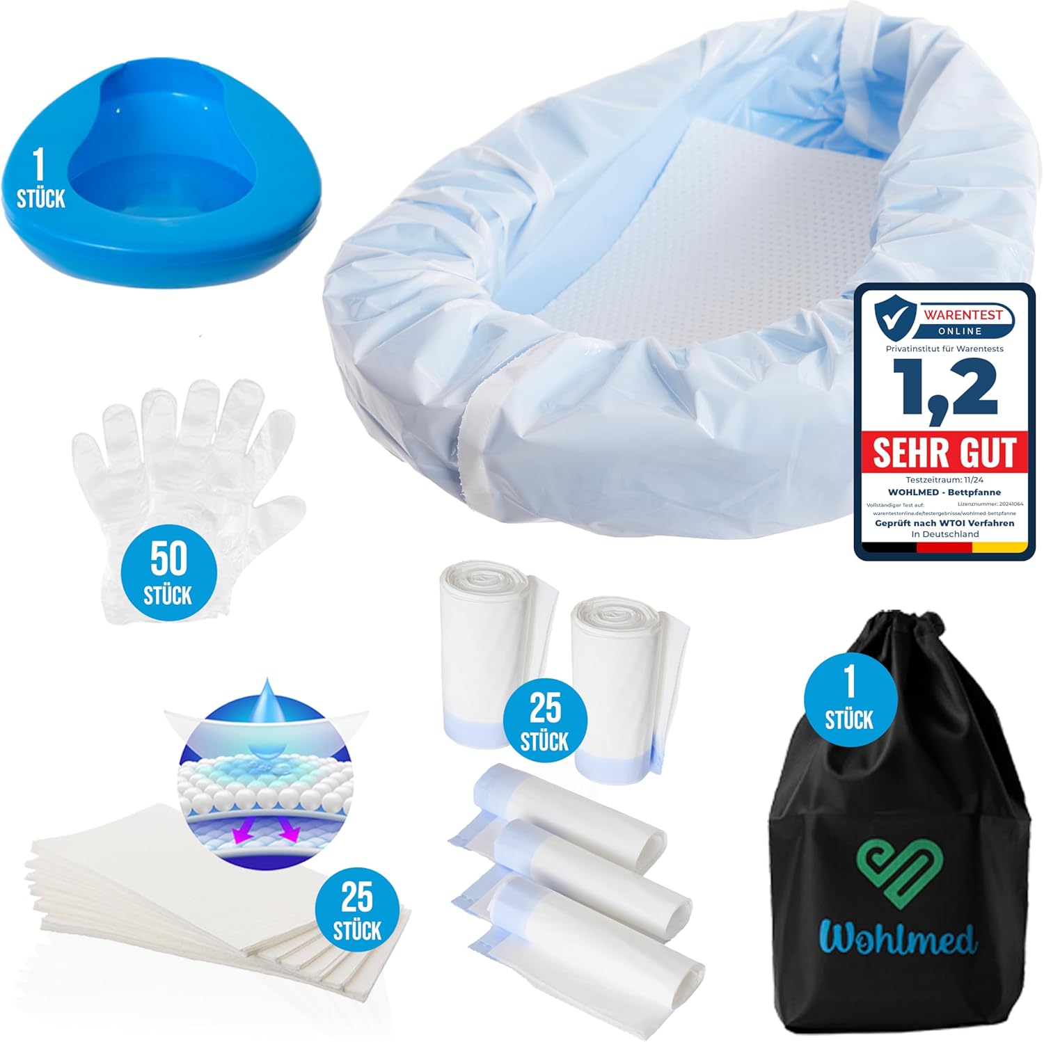 Wohlmed Comfortable Bed Pan for Women and Men, Includes 50 Pairs of Gloves, 25 Absorbent Liners, 25 Disposable Bags and Discreet Protective Bag, Rounded Edges, Odor and Leak-Proof