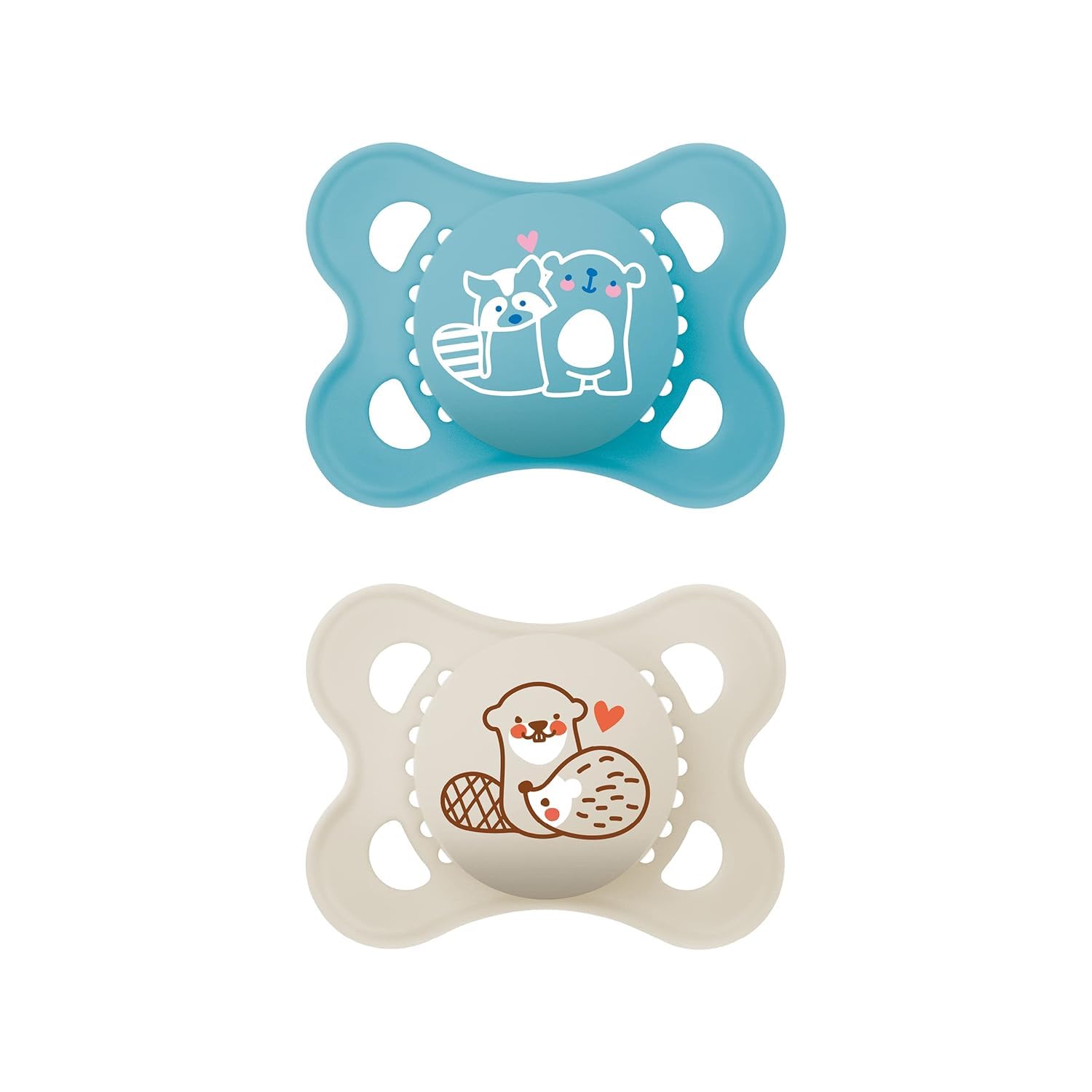 MAM Original dummy set of 2, tooth-friendly baby dummy made from sustainable and organic renewable materials, MAM SkinSoft silicone teat with dummy box, 0–6 months, bear/otter.