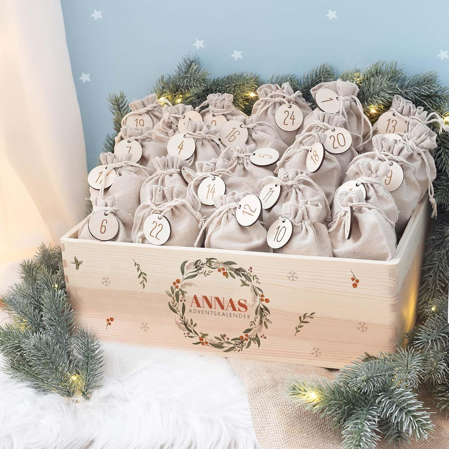 Personalized Advent Box - Wooden Advent Calendar with Name - Engraving Calendar DIY - Christmas Calendar for Children - Hello Mini (Christmas Wreath)