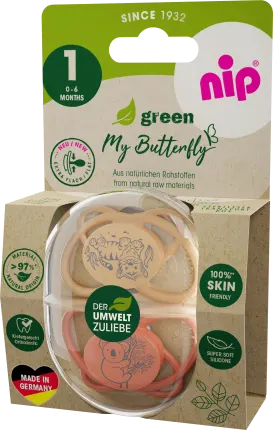 NIP Pacifier green My Butterfly silicone, orange/apricot, size. 1, 0 - 6 months, 2 hours