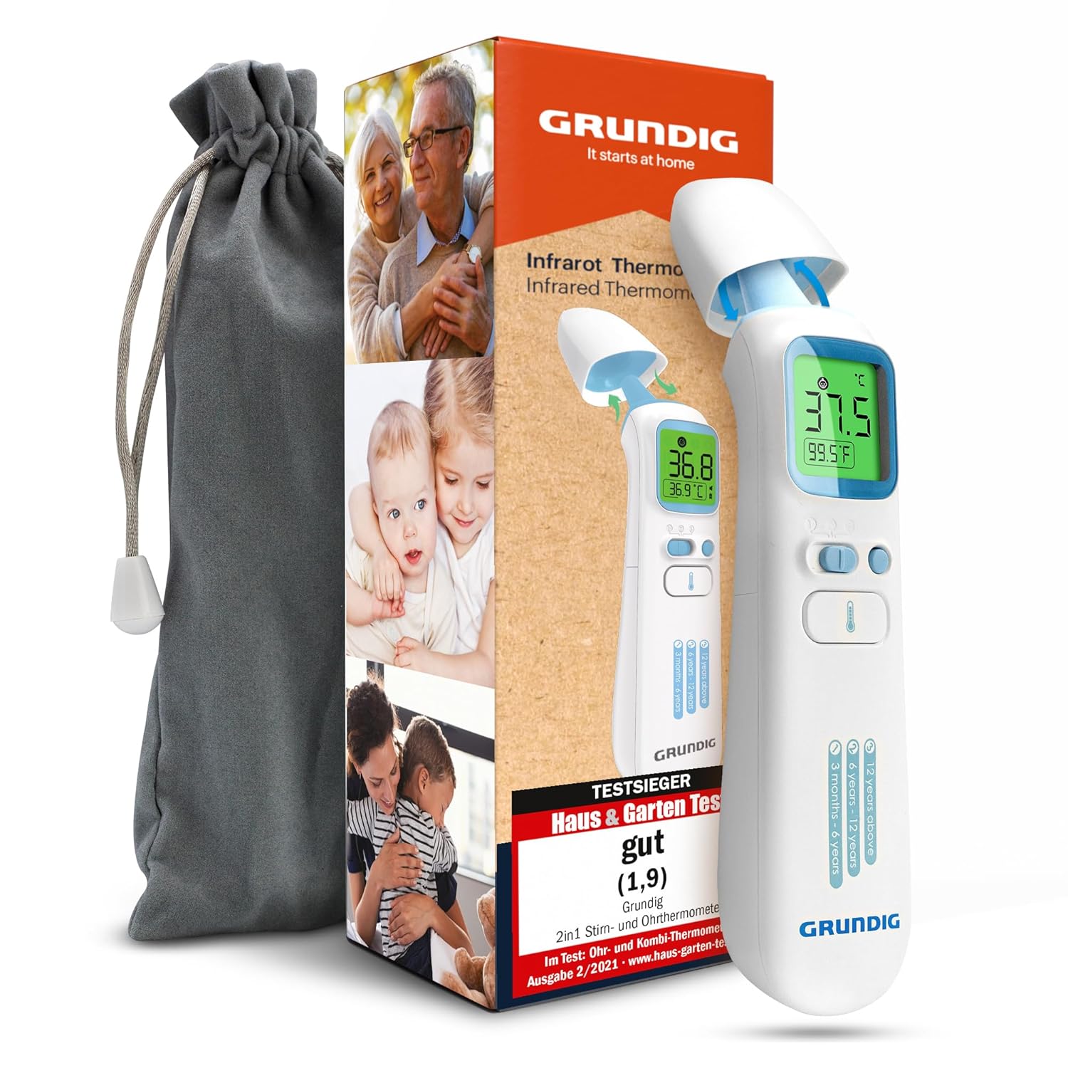 GRUNDIG Store GRUNDIG Fever Thermometer Test Winner – No Follow-up Costs – Thermometer for Baby Children Adults – High Precision Contactless and Digital Fever on Ear, Forehead and Objects (without Batteries)