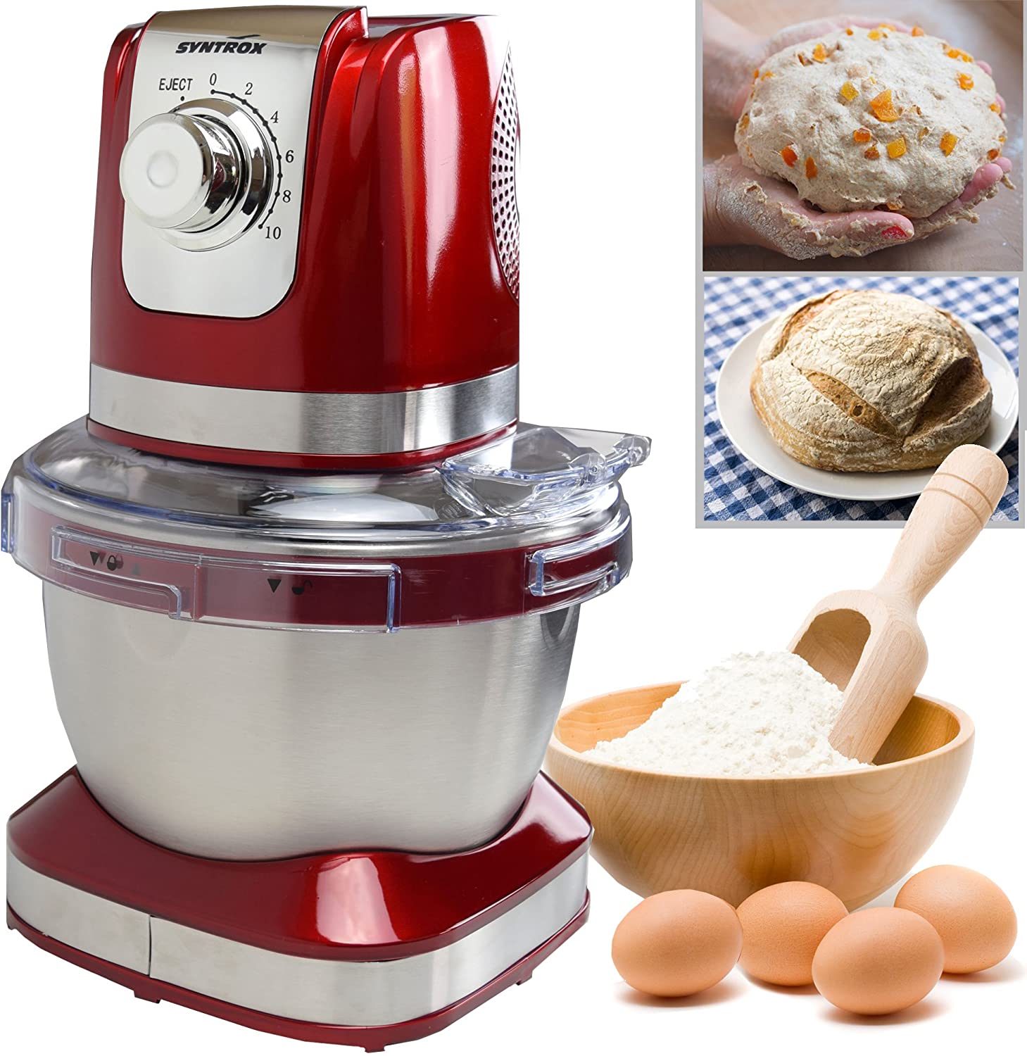 Syntrox Germany KM-600W Food Processor Mixer, Stainless Steel Container, 4 Litres, Red