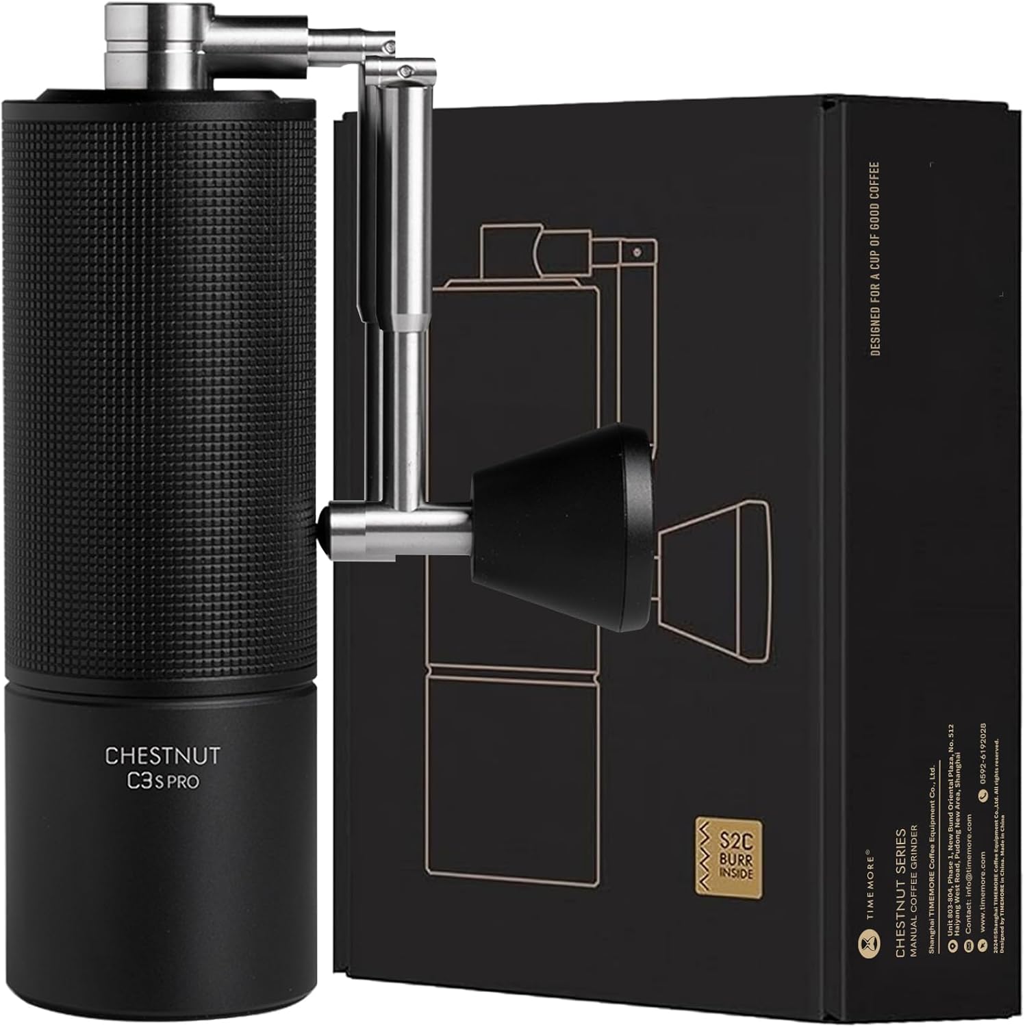TIMEMORE Chestnut C3S Pro All-Metal Coffee Grinder Manual with Precise Grinding Adjustment, Stainless Steel and Conical Grinder, Foldable Handle Bean Container 25 g Coffee Grinder - Black