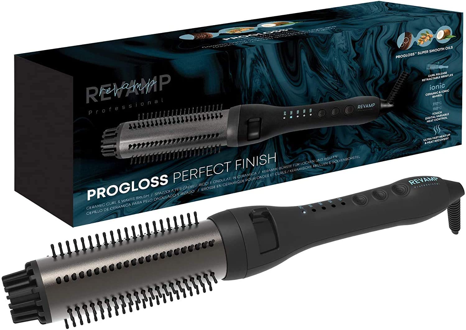 REVAMP Progloss Curling Iron & Wave Brush - Hot Air Brush for Curling Hairstyles with 40 mm Ceramic Cylinder and Ion Green - Unique Waves and Volume - Enriched with Progloss Oils (Black)