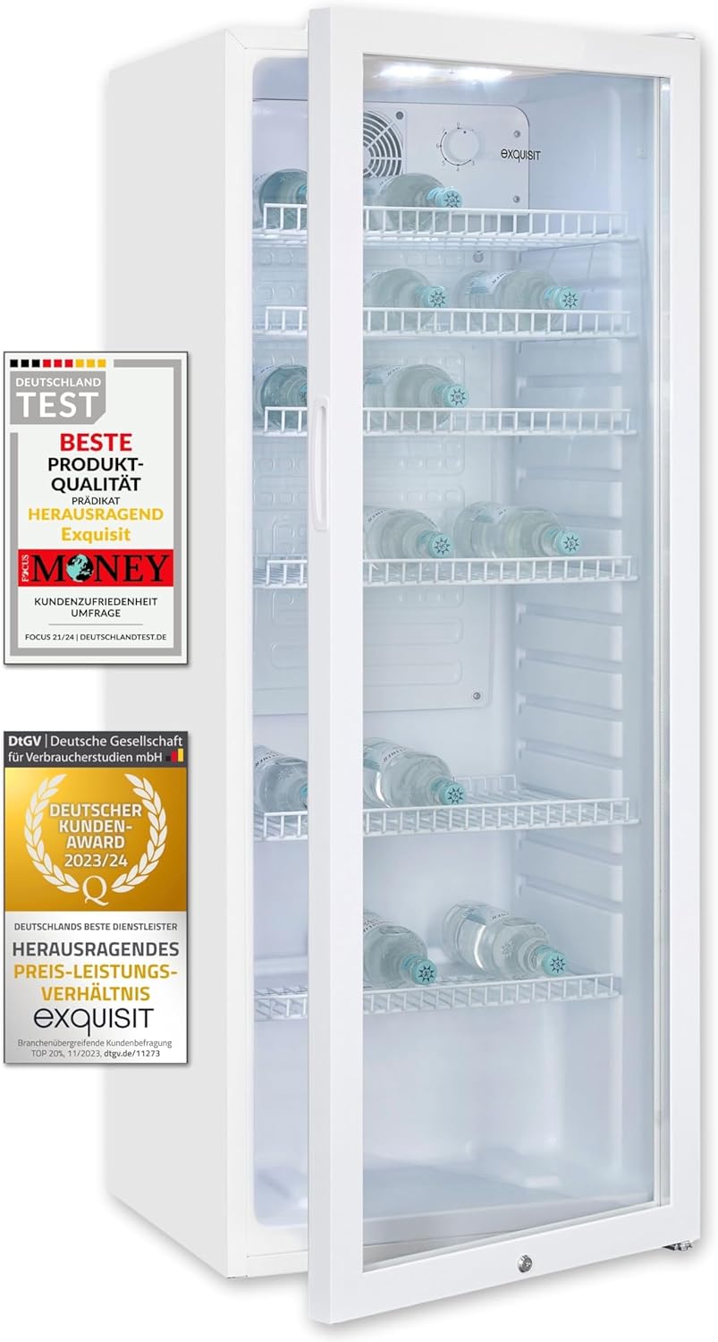 Exquisit Glass Door Fridge GKS240-GT-160C White | Net Capacity: 237L | Door Lock | 6 Grid Shelves | Recirculation Fan | Standing device