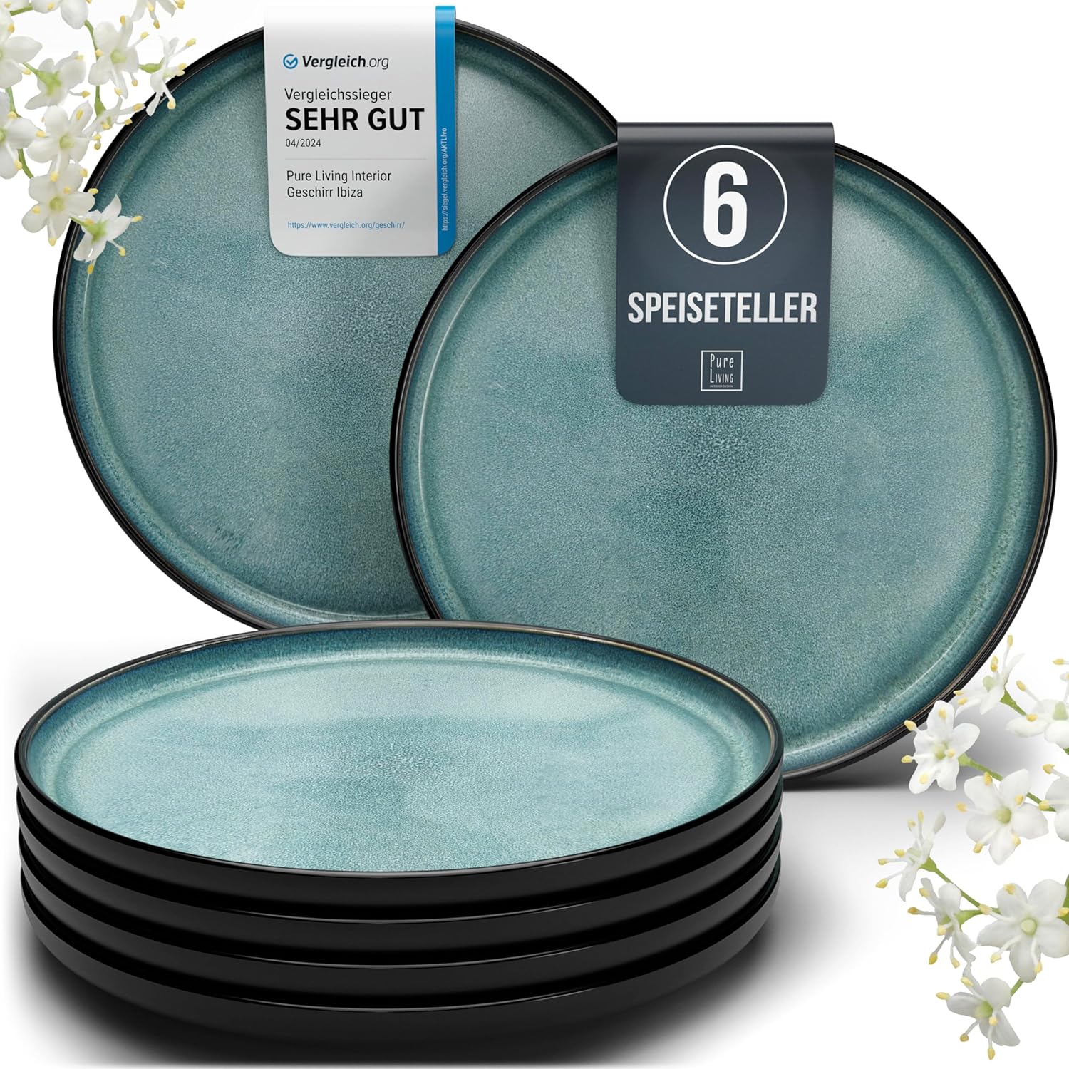 Pure Living Ibiza Large Stoneware Plates for 6 People, Mediterranean Dinner Plate Set, ‘Very Good’ in Test, Dishwasher and Microwave-Safe, Scratch-Resistant, Stylish Dinner Plate Set, Petrol