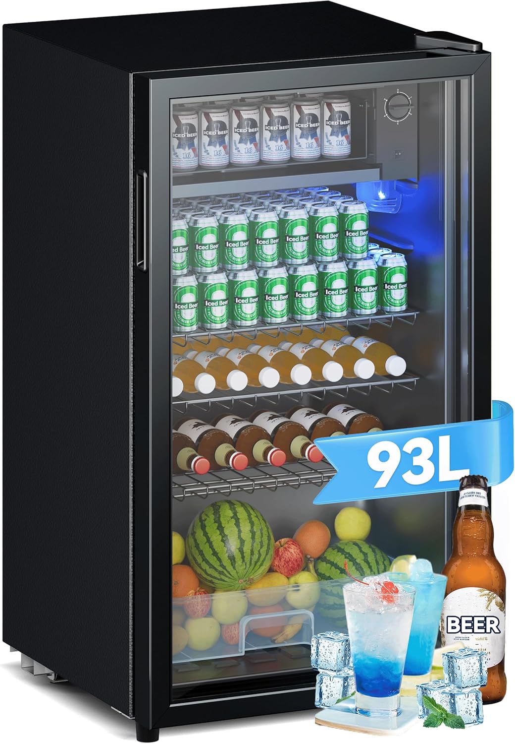 Devoko Drinks Fridge with Glass, 93 L Mini Fridge, with RGB LED Lights, Adjustable Shelves, Indoor/Outdoor, for Home, Office, Parties & Gastro, Mini Bar, Refrigerator, Black