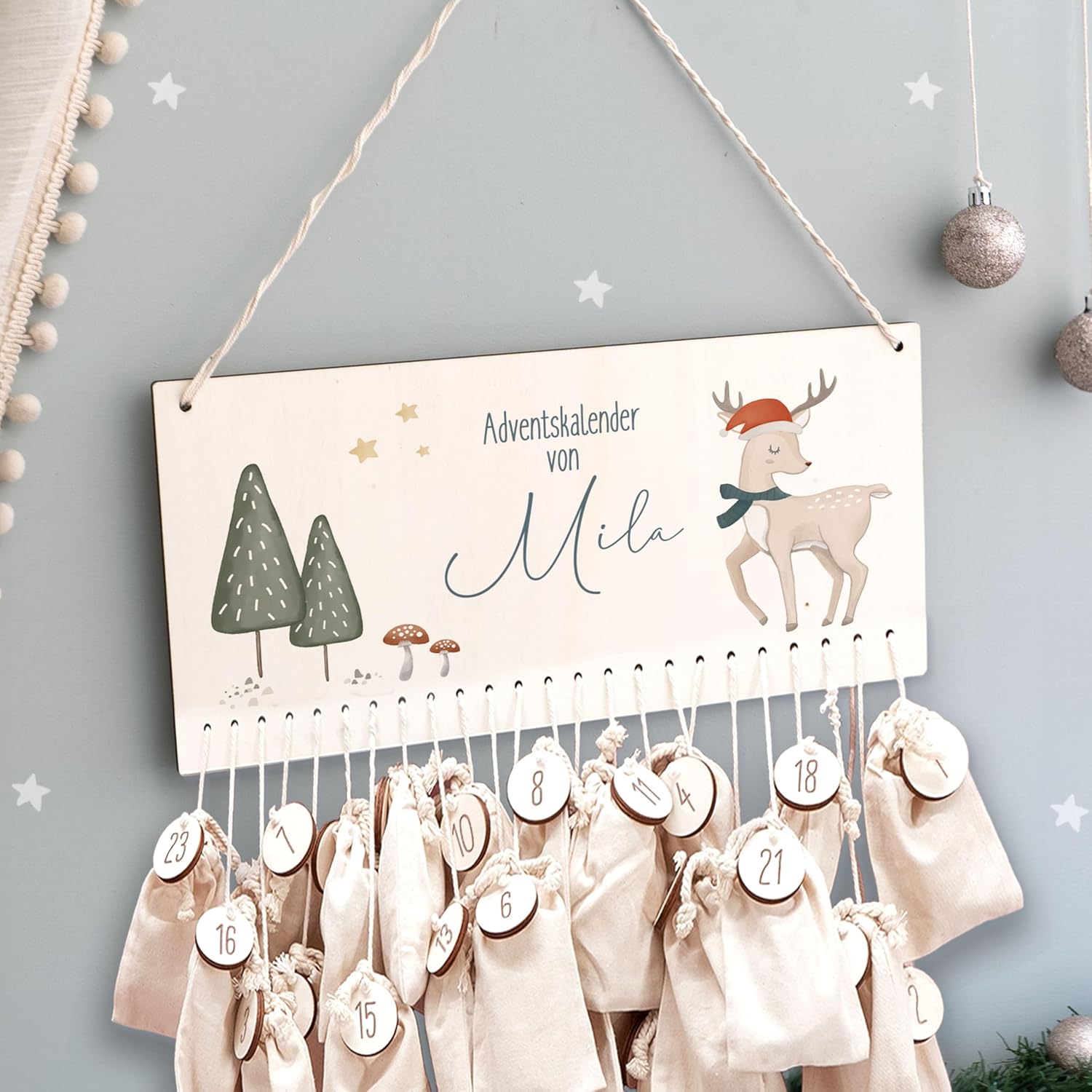 Advent Calendar Personalized for Children | Wooden Advent Calendar for Filling | Wall Mounted Christmas Calendar DIY with Name | Hellomini (Deer Print)