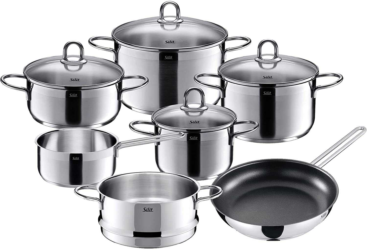 Silit Diamond Saucepan Set with Glass Lid / Saucepan / Coated Pan / Polished Stainless Steel / Suitable for Induction Cookers / Dishwasher Safe