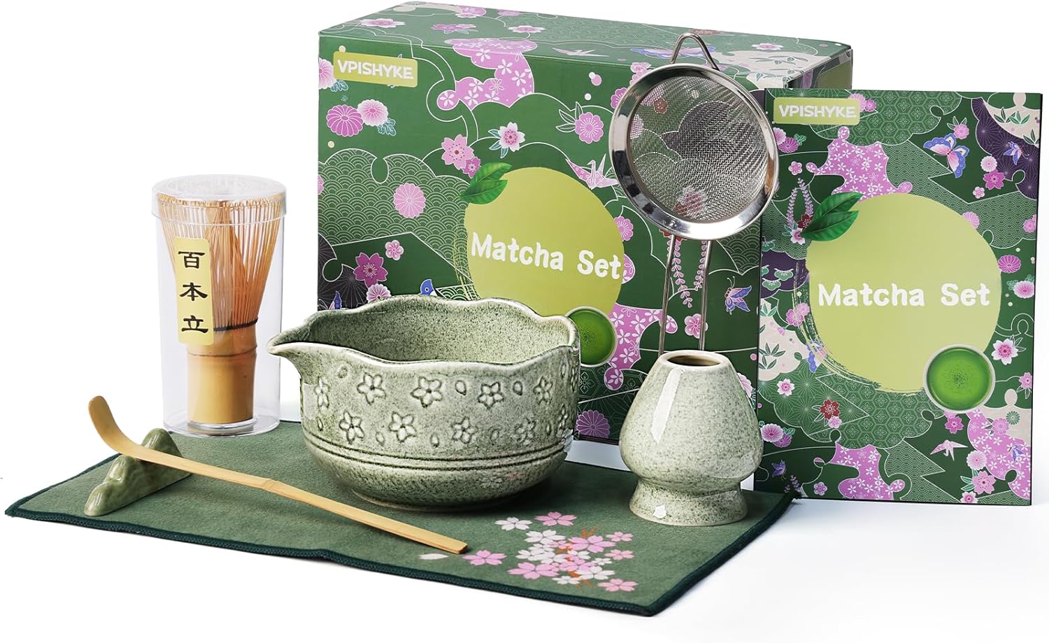 Premium Matcha Set - Matcha Tea Set 7-Piece Traditional Tea Set with Bamboo Whisk, Bowl, Strainer & Accessories - Perfect for Matcha Lovers (Matcha Colour)