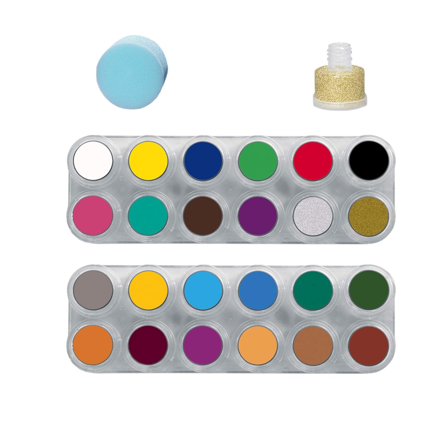 GRIMAS Water Make-Up Children\'s Make-Up Theatre Make-Up Palette 24 Colours Sponge Glitter Set