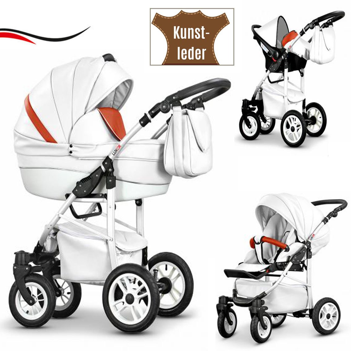 dein_babyladen 16-Piece Quality Travel System 3-in-1 \"Cosmo-Eco\" - Faux Leather: Pushchair + Buggy + Car Seat + Swivel Wheels - Mega Equipment - All Inclusive Package in 37 Great Colours