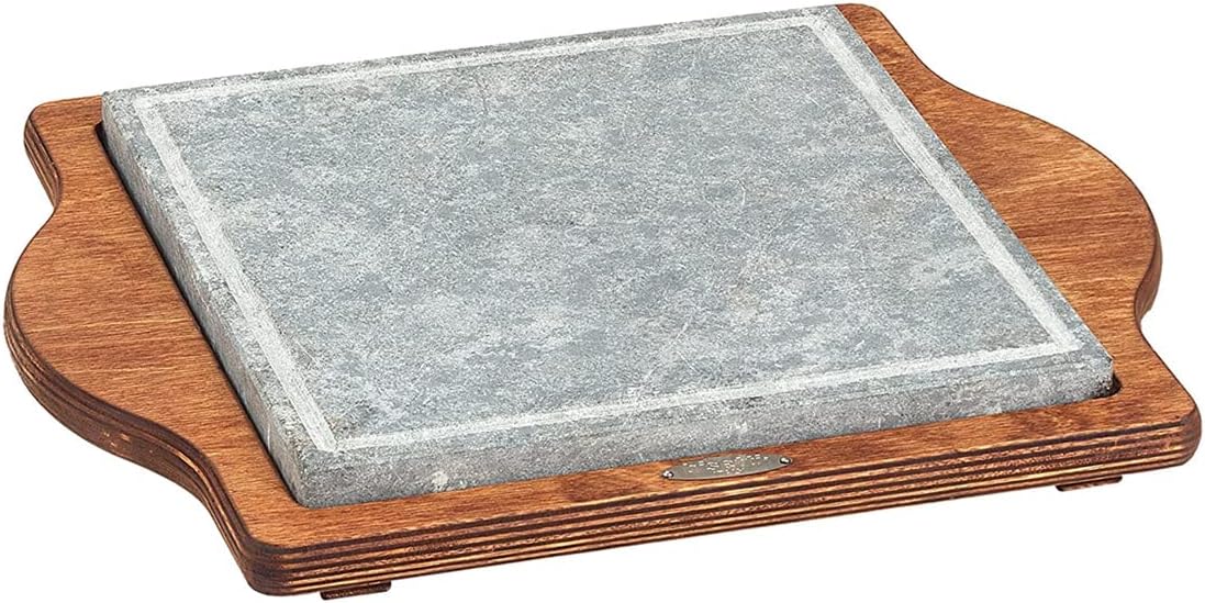 Square cooking stone bisetti on wooden base 30 x 37 cm