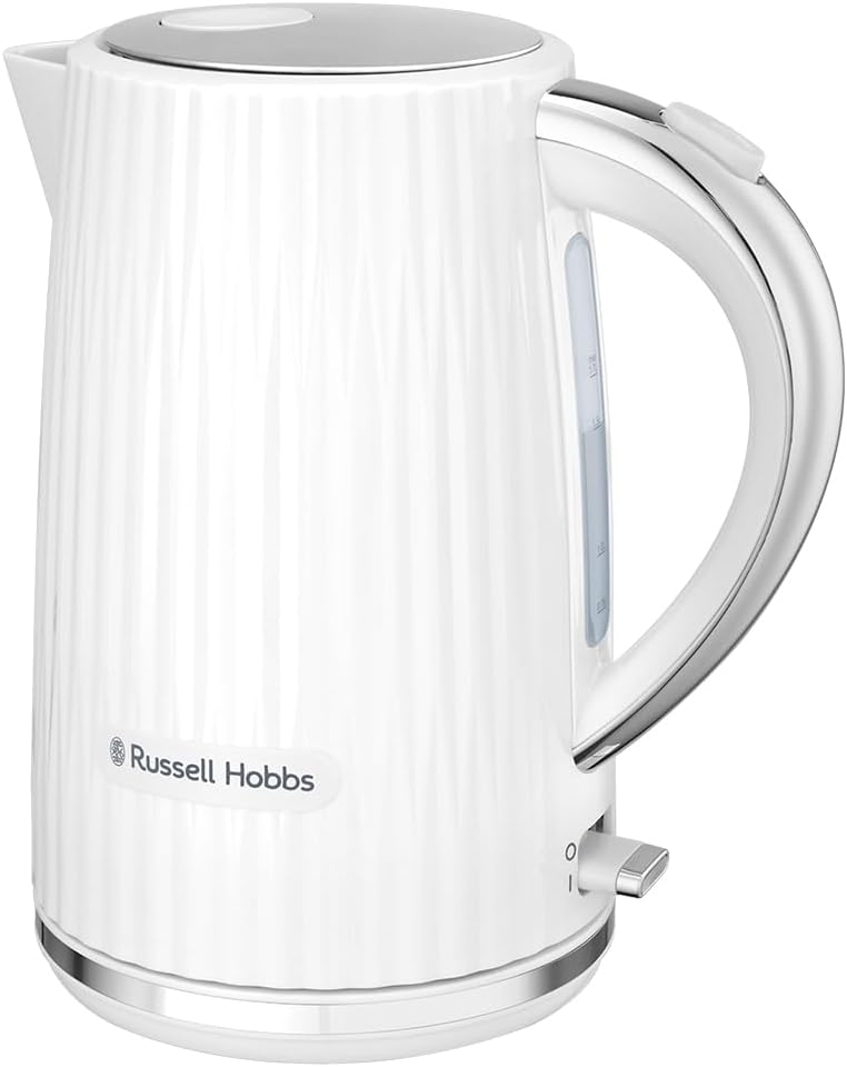 Russell Hobbs Eden 27360-70 Kettle (for Hot Water, Tea or Coffee, 1.7 L, Lid Opening at the Touch of a Button, Removable Limescale Filter, Luminous Switch, Stainless Steel Accents, White, 2400 W)