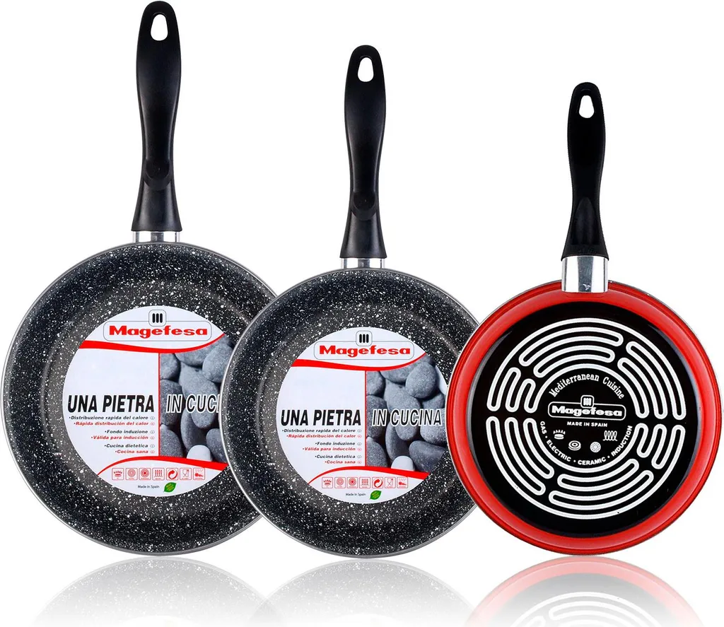 Magefesa K2 Roja Set of 3 frying pans 20-24-28cm, induction compatible, PFOA-free non-stick coating STONE Red
