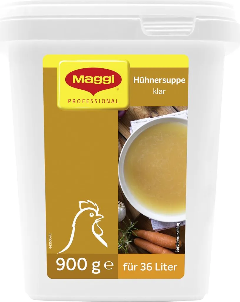 Maggi Professional Clear Chicken Soup makes 36 liters. Pack size: 900g
