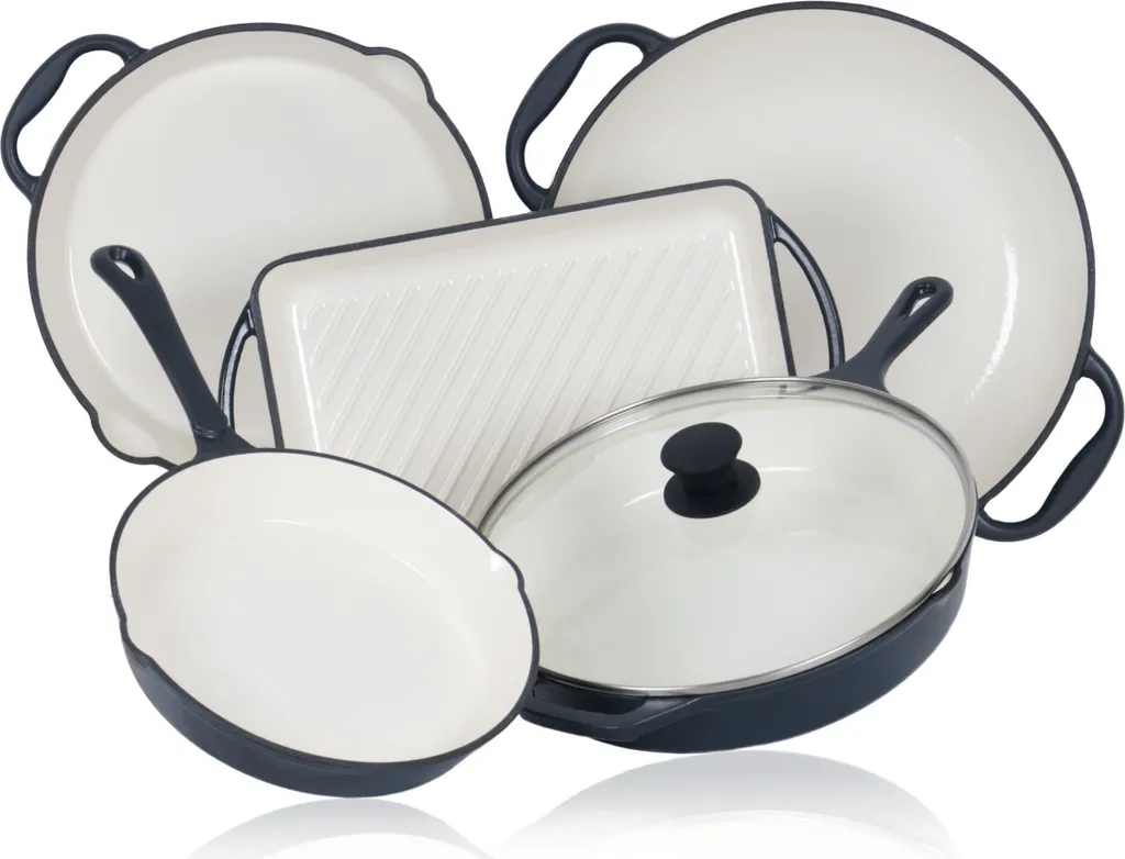 Mahlzeit Meal 5-piece pan set, Blue Berry, with grill pans, griddle and paella pan