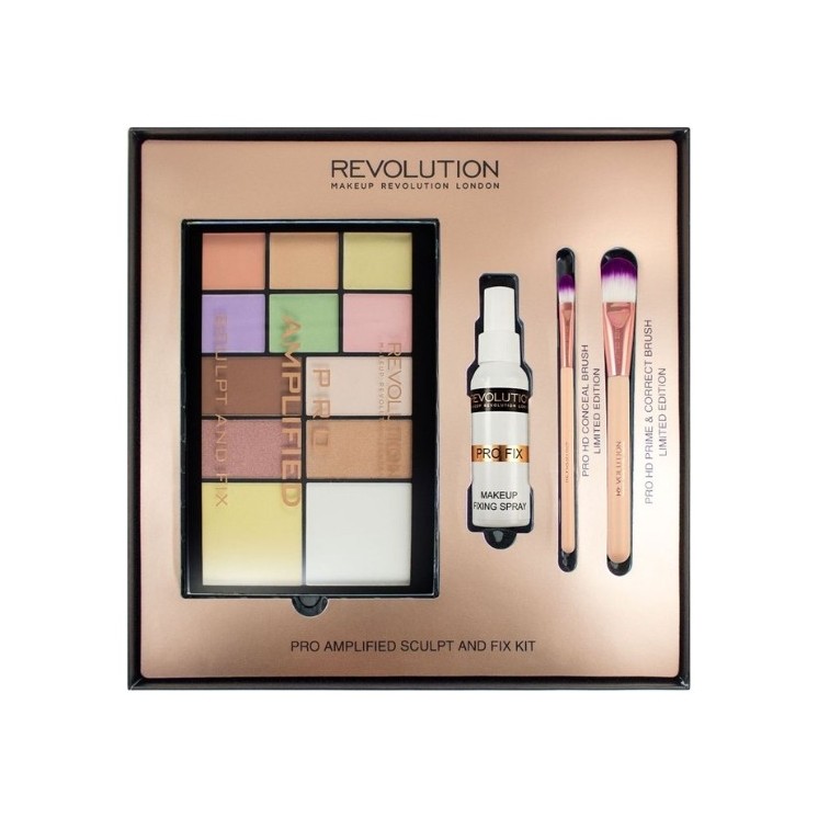 Makeup Revolution Amplified Sculpt and Fix Kit Gift Set: 12-Pack Eyeshadow Palette, Fixer, and Makeup Brushes