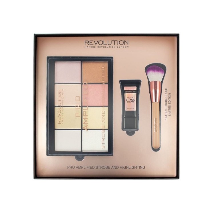 Makeup Revolution Gift Set: Highlighter Eyeshadow Palette, Cream Foundation, Highlighter Brush