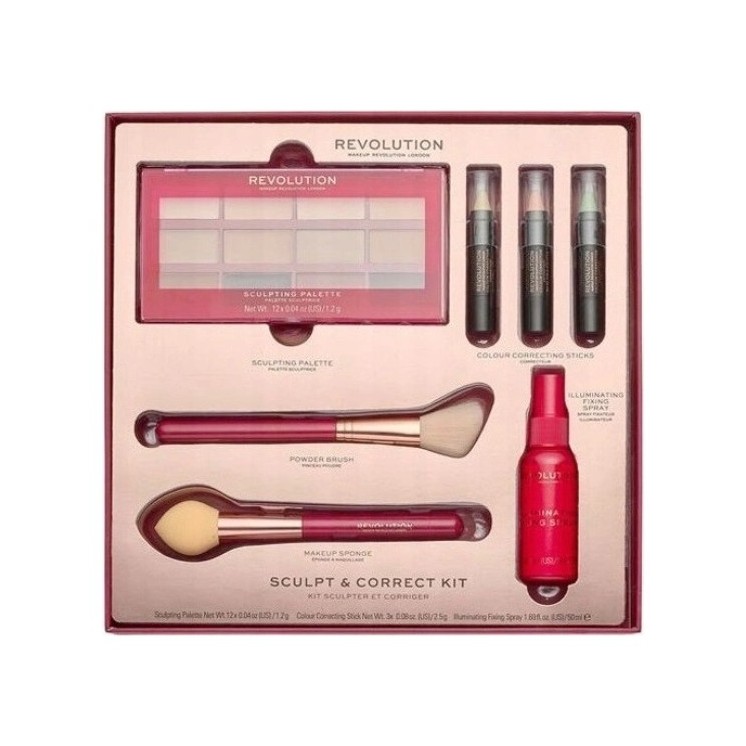 Makeup Revolution Sculpt Correct Kit Gift Set: Contouring Palette, 3 Concealers, Primer, and 2 Brushes
