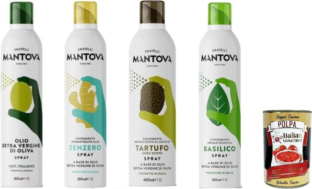 Fratelli Mantova Mantova Oil Spray Set with Italian Flavor, Extra Virgin Olive Oil, Ginger, Truffle, Basil, 4 x 200 ml + Italian Gourmet Polpa 400g