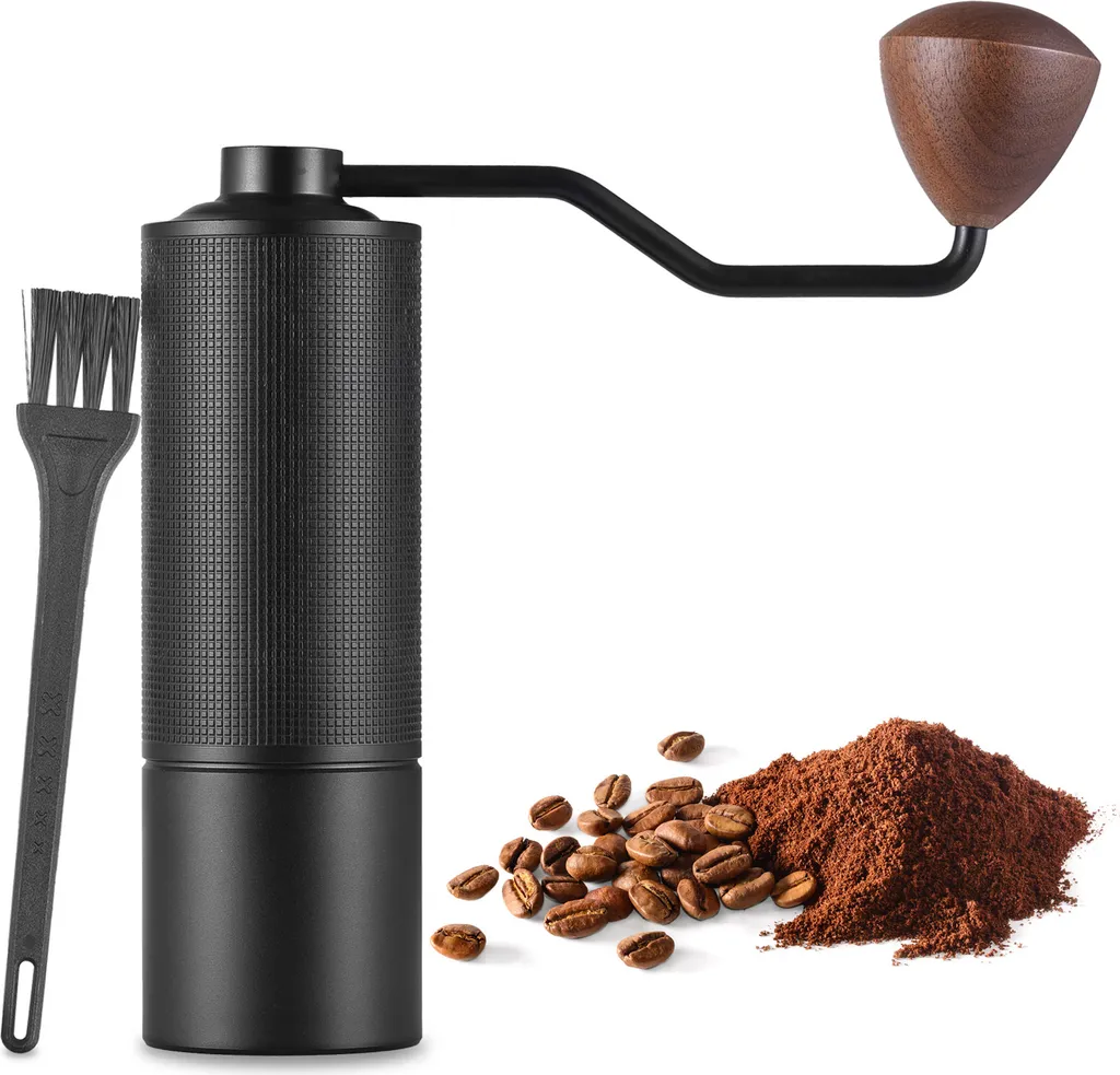 KKmoon Manual coffee grinder with ergonomic wooden crank, 5-strand conical stainless steel burr grinder, 24 settings, digital grinding, adjustable aluminum alloy, portable coffee grinder with 25g grounds container