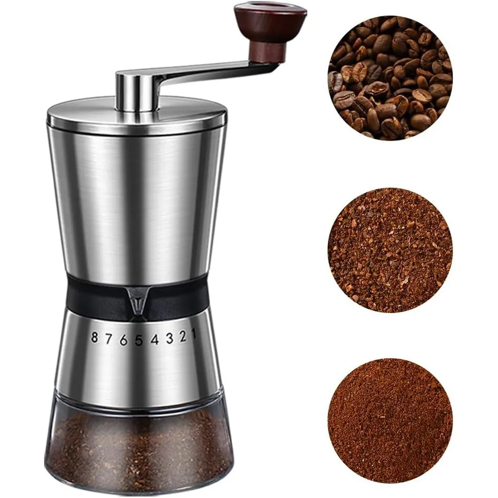 Slyrun Manual coffee grinder with 8 adjustable settings and a crank, perfect for travel, camping, office, espresso, craft beer and more.